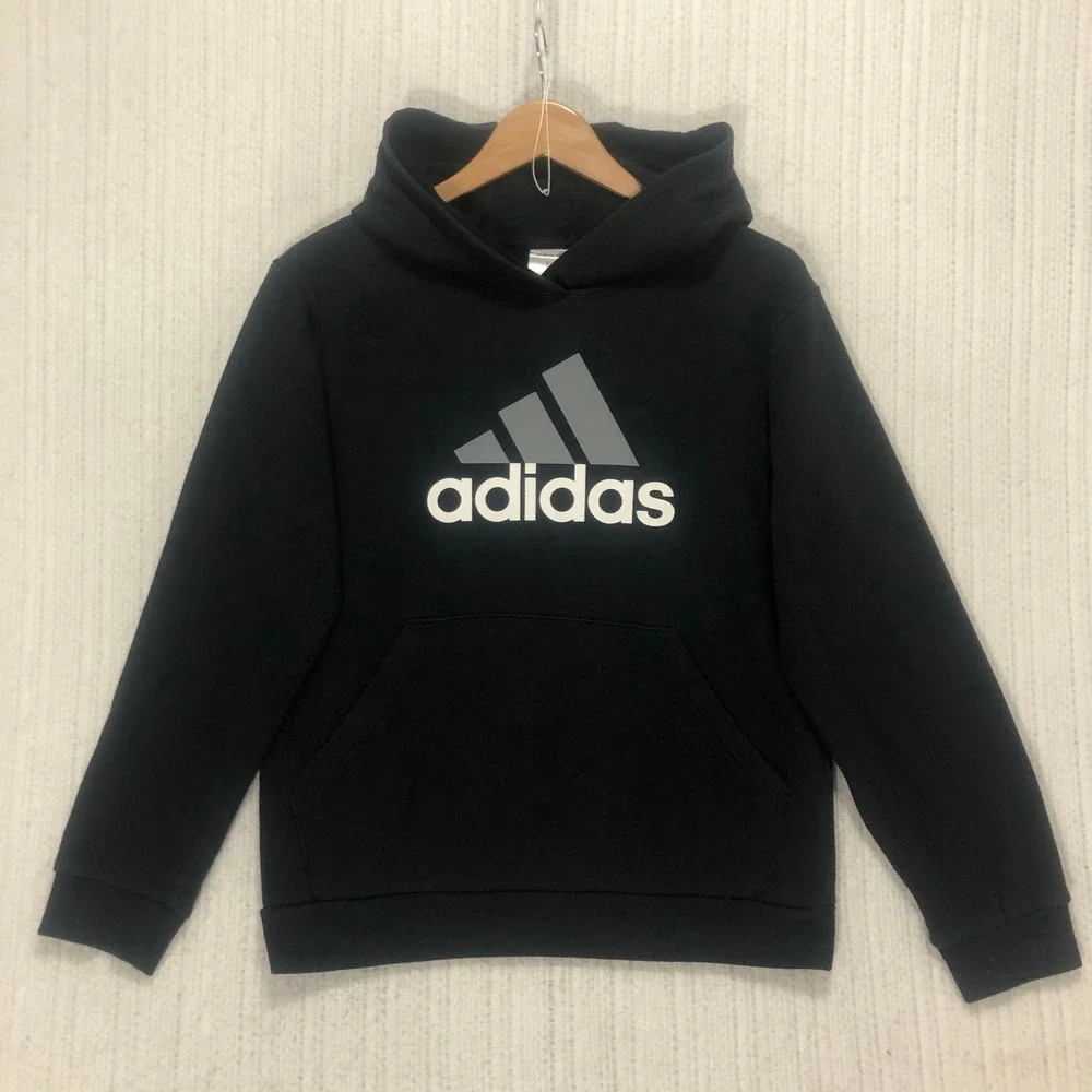 Adidas Boys Black Logo Pullover Hoodie Sweatshirt Regular Fit Size‎ L 14/16